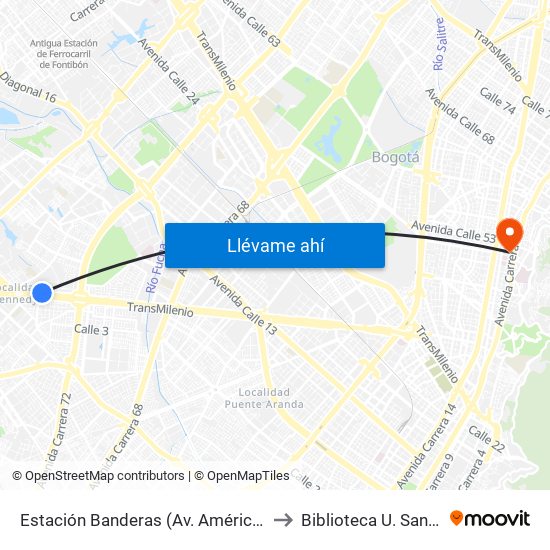 Estación Banderas (Av. Américas - Kr 78a) (A) to Biblioteca U. Santo Tomás map