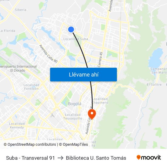 Suba - Transversal 91 to Biblioteca U. Santo Tomás map