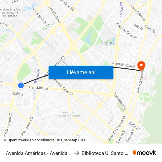 Avenida Américas - Avenida Boyacá to Biblioteca U. Santo Tomás map