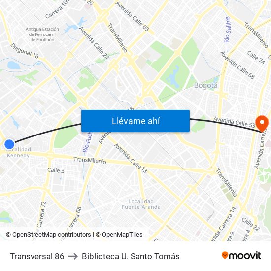 Transversal 86 to Biblioteca U. Santo Tomás map