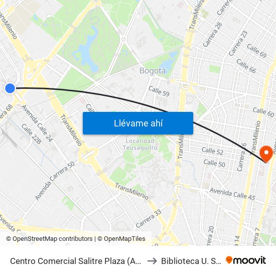 Centro Comercial Salitre Plaza (Av. La Esperanza - Kr 68a) to Biblioteca U. Santo Tomás map