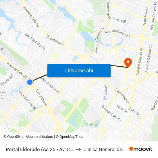 Portal Eldorado (Ac 26 - Av. C. De Cali) to Clínica General de la 100 map