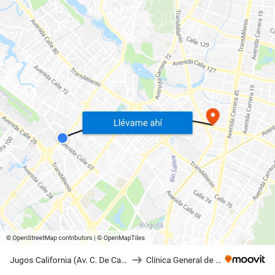 Jugos California (Av. C. De Cali - Ac 63) to Clínica General de la 100 map