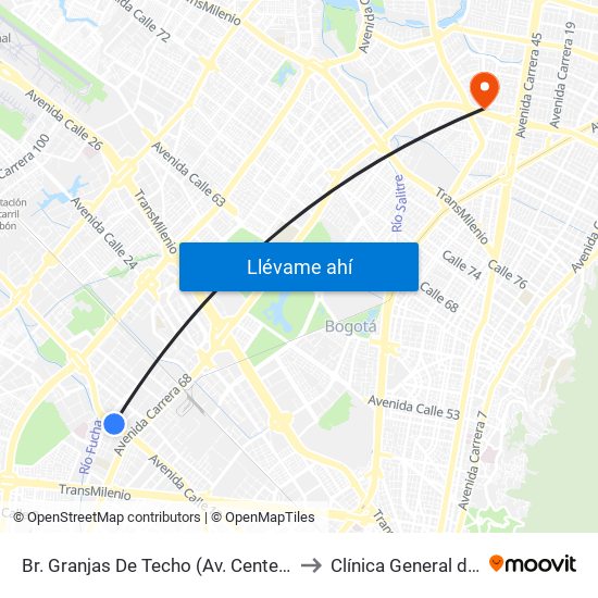 Br. Granjas De Techo (Av. Centenario - Kr 65) to Clínica General de la 100 map