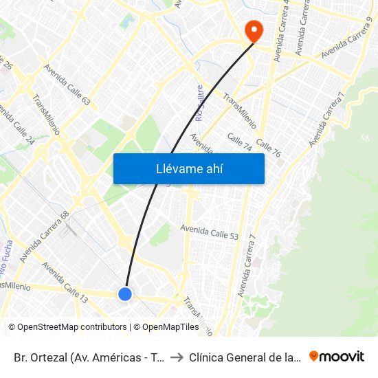 Br. Ortezal (Av. Américas - Tv 39) to Clínica General de la 100 map