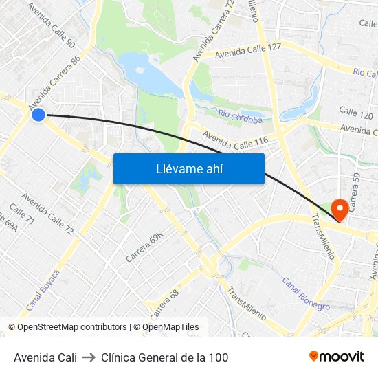 Avenida Cali to Clínica General de la 100 map