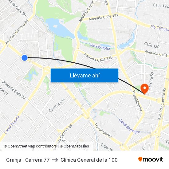 Granja - Carrera 77 to Clínica General de la 100 map