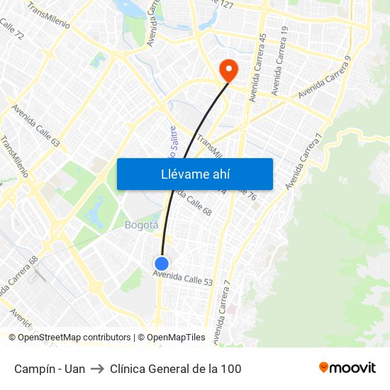 Campín - Uan to Clínica General de la 100 map