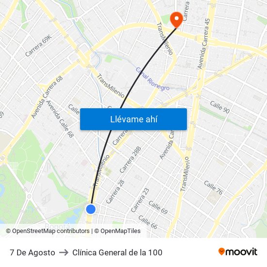 7 De Agosto to Clínica General de la 100 map