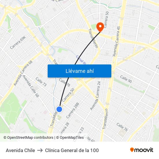 Avenida Chile to Clínica General de la 100 map