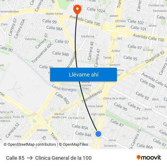 Calle 85 to Clínica General de la 100 map