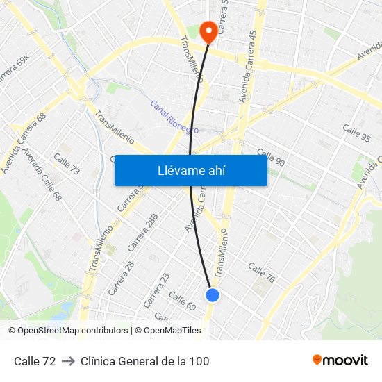 Calle 72 to Clínica General de la 100 map
