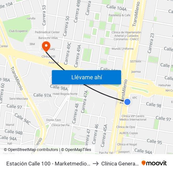 Estación Calle 100 - Marketmedios (Auto Norte - Cl 98) to Clínica General de la 100 map