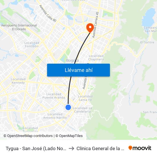 Tygua - San José (Lado Norte) to Clínica General de la 100 map