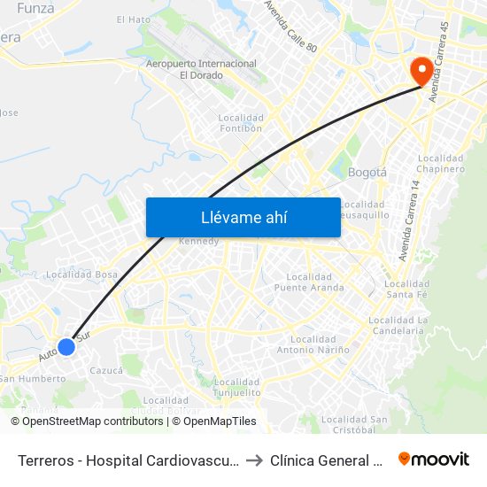 Terreros - Hospital Cardiovascular (Lado Sur) to Clínica General de la 100 map