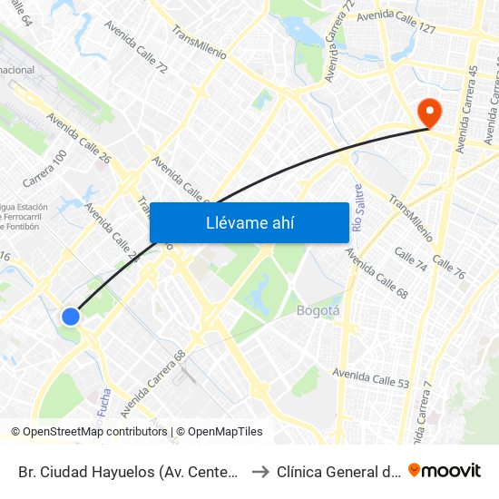 Br. Ciudad Hayuelos (Av. Centenario - Kr 78g) to Clínica General de la 100 map