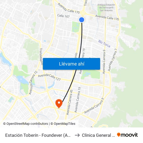 Estación Toberín - Foundever (Auto Norte - Cl 166) to Clínica General de la 100 map