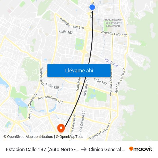 Estación Calle 187 (Auto Norte - Cl 187 Bis) (A) to Clínica General de la 100 map