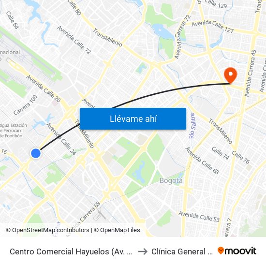 Centro Comercial Hayuelos (Av. C. De Cali - Cl 20) to Clínica General de la 100 map