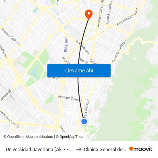 Universidad Javeriana (Ak 7 - Cl 40) (B) to Clínica General de la 100 map