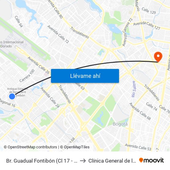 Br. Guadual Fontibón (Cl 17 - Kr 96h) to Clínica General de la 100 map