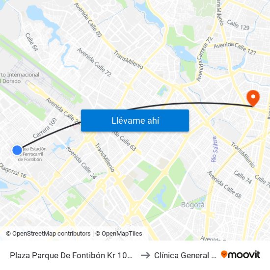 Plaza Parque De Fontibón Kr 100 (Kr 100 - Cl 17a) to Clínica General de la 100 map