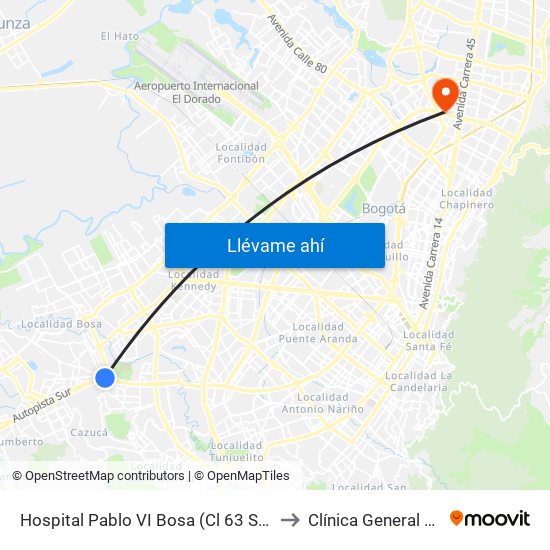 Hospital Pablo VI Bosa (Cl 63 Sur - Kr 77g) (A) to Clínica General de la 100 map