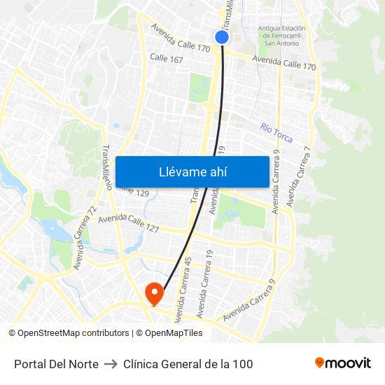 Portal Del Norte to Clínica General de la 100 map