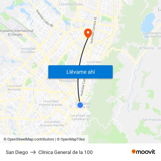 San Diego to Clínica General de la 100 map