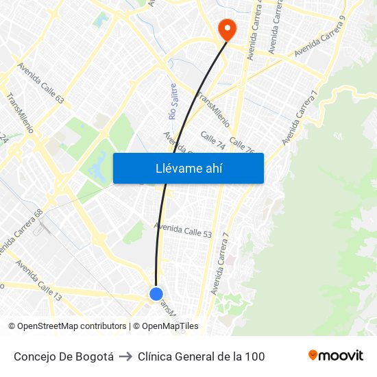 Concejo De Bogotá to Clínica General de la 100 map