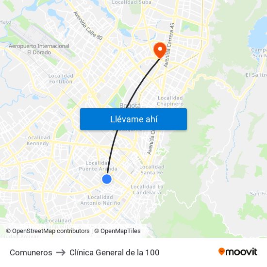 Comuneros to Clínica General de la 100 map