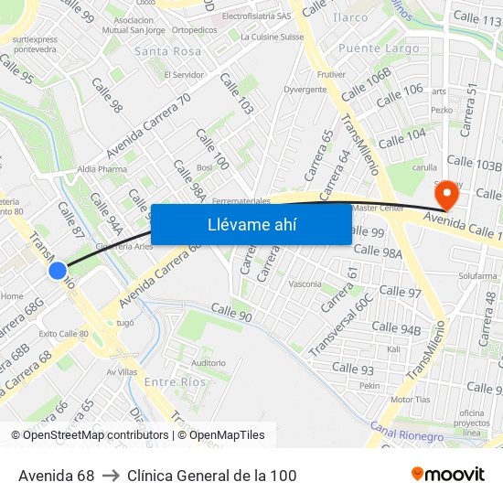 Avenida 68 to Clínica General de la 100 map