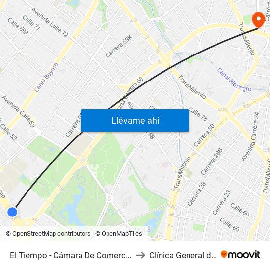 El Tiempo - Cámara De Comercio De Bogotá to Clínica General de la 100 map