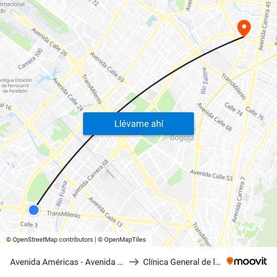 Avenida Américas - Avenida Boyacá to Clínica General de la 100 map
