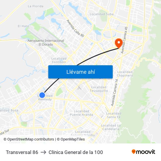 Transversal 86 to Clínica General de la 100 map