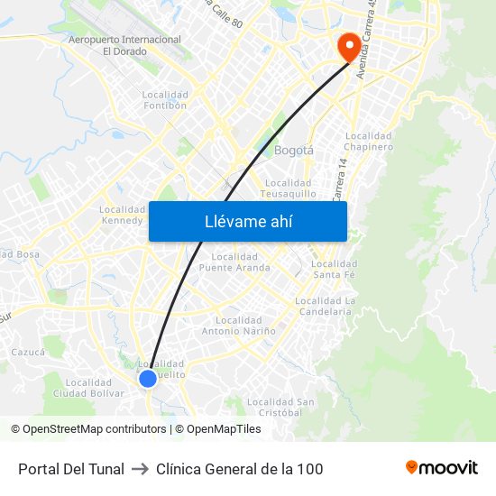 Portal Del Tunal to Clínica General de la 100 map