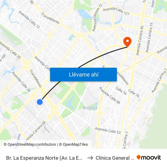 Br. La Esperanza Norte (Av. La Esperanza - Kr 69d) to Clínica General de la 100 map