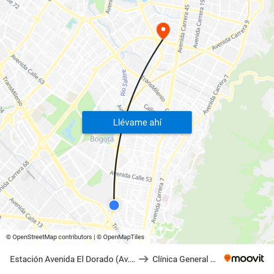 Estación Avenida El Dorado (Av. NQS - Cl 40a) to Clínica General de la 100 map