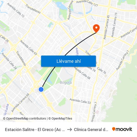Estación Salitre - El Greco (Ac 26 - Ak 68) to Clínica General de la 100 map