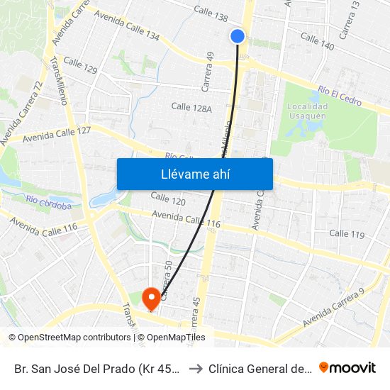 Br. San José Del Prado (Kr 45a - Cl 137) to Clínica General de la 100 map