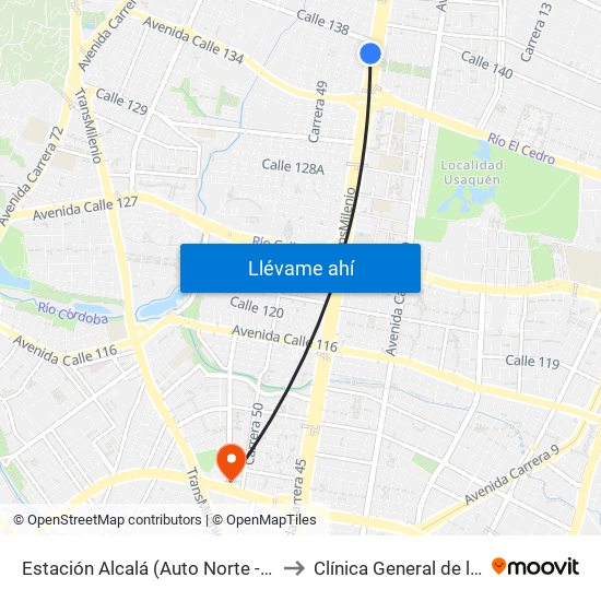 Estación Alcalá (Auto Norte - Cl 136) to Clínica General de la 100 map