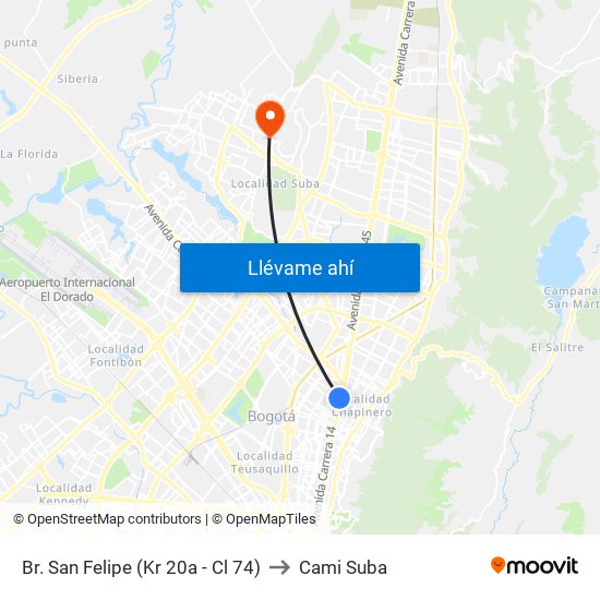 Br. San Felipe (Kr 20a - Cl 74) to Cami Suba map