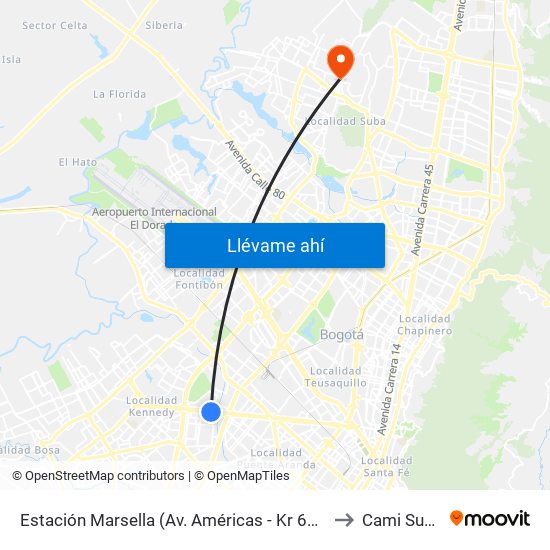 Estación Marsella (Av. Américas - Kr 69b) to Cami Suba map