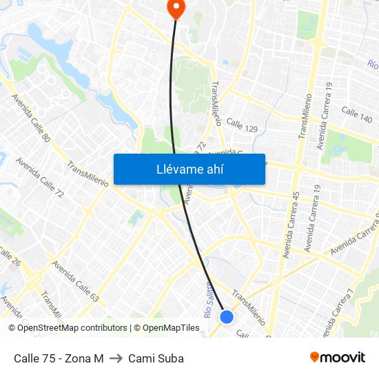 Calle 75 - Zona M to Cami Suba map