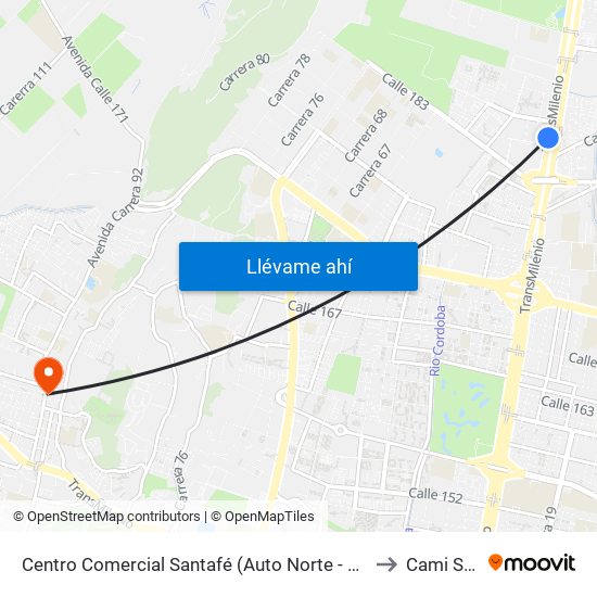 Centro Comercial Santafé (Auto Norte - Cl 187) (B) to Cami Suba map