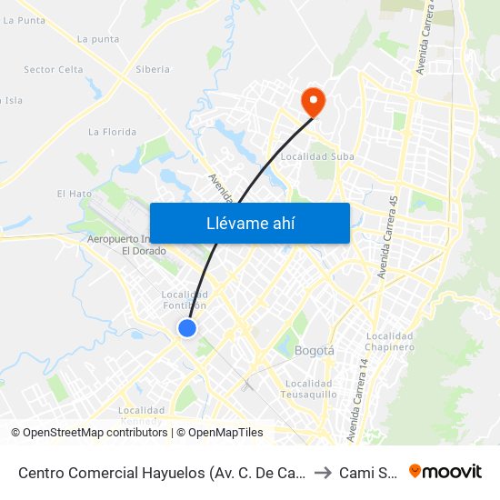 Centro Comercial Hayuelos (Av. C. De Cali - Cl 20) to Cami Suba map