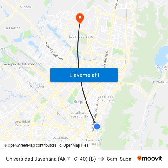 Universidad Javeriana (Ak 7 - Cl 40) (B) to Cami Suba map