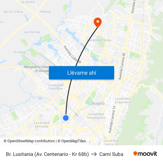 Br. Lusitania (Av. Centenario - Kr 68b) to Cami Suba map