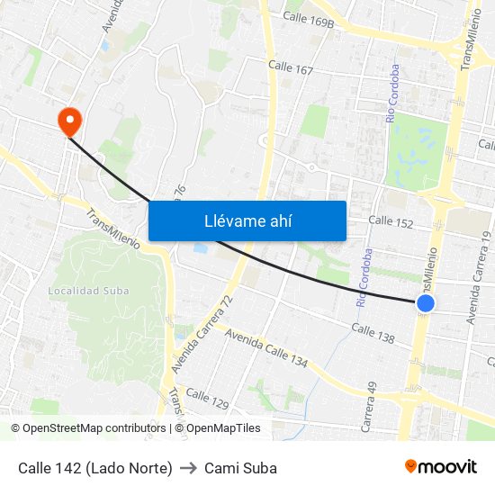 Calle 142 (Lado Norte) to Cami Suba map