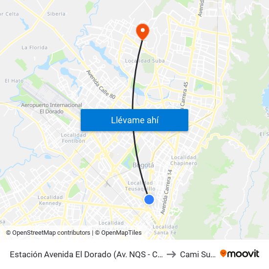 Estación Avenida El Dorado (Av. NQS - Cl 40a) to Cami Suba map
